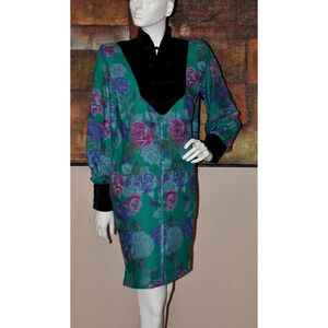 EMANUEL UNGARO Vintage 80s Designer Couture Wool-Velvet Floral Blouson Dress Sz6